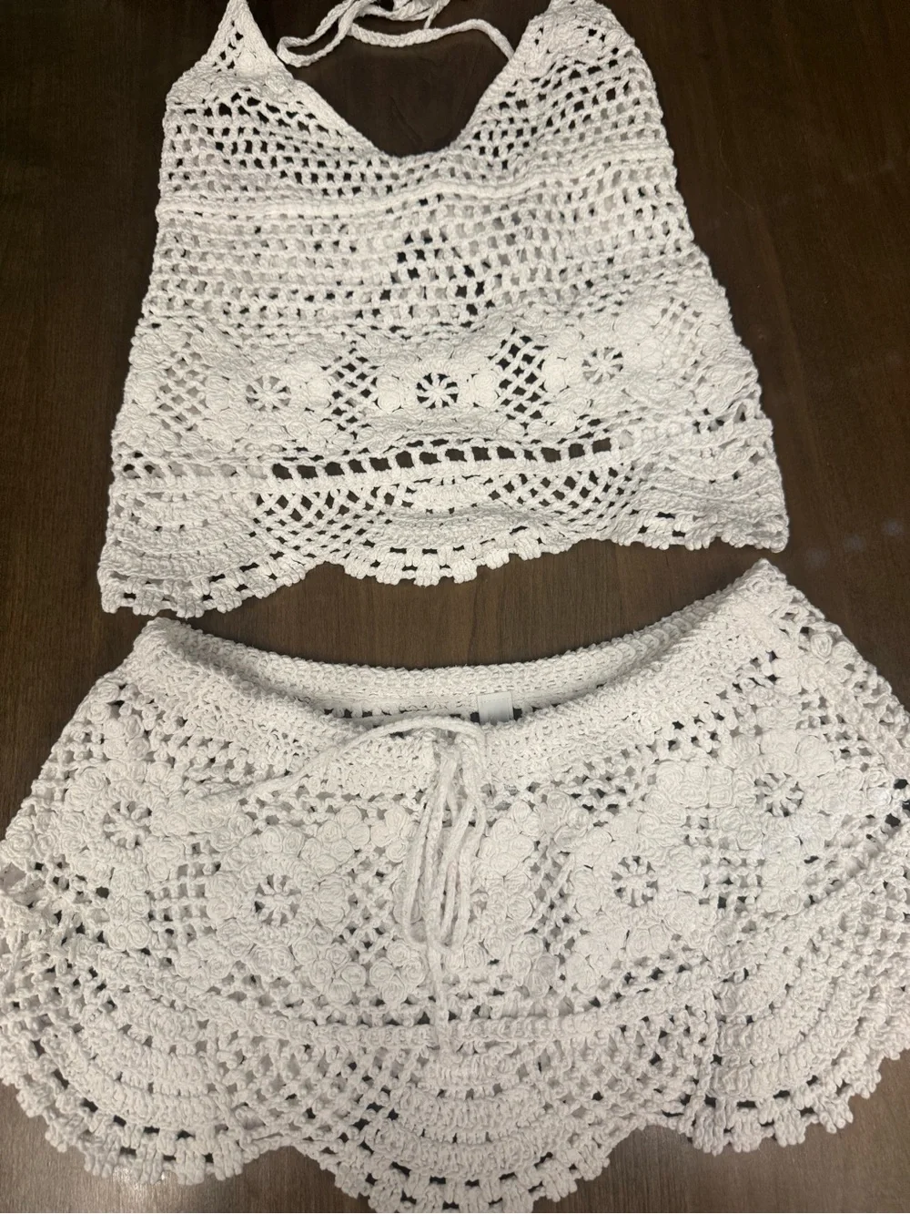 SKIMS White Crochet Mini Skirt Swim Cover-Up
